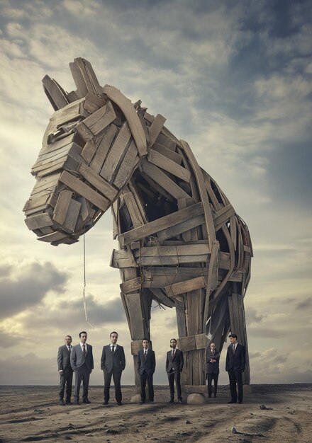 Group of businessmen in a trojan horse background