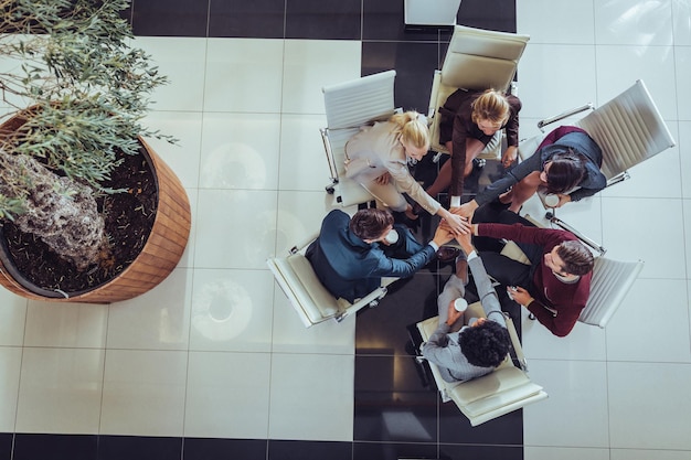 Photo group of businesspeople having meeting. view from above