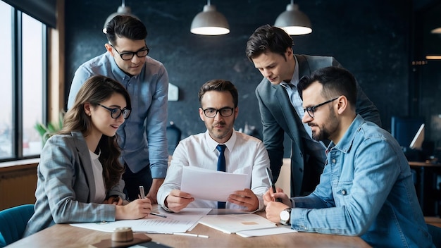 Group of businesspeople looking at business plan in the office