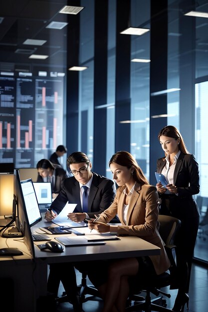 A group of businesspeople in a modern office intently studying financial documents Aigenerated