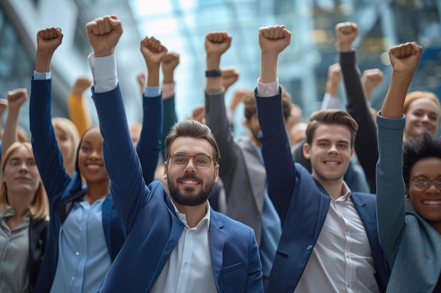 Group of businesspeople their hands raised Generative Ai