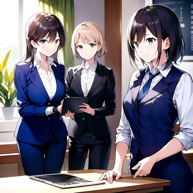 Group of Businesswomen Having A Business Meeting in An Office in Anime Style Illustration