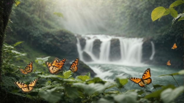 a group of butterflies are flying around a waterfall in the forest