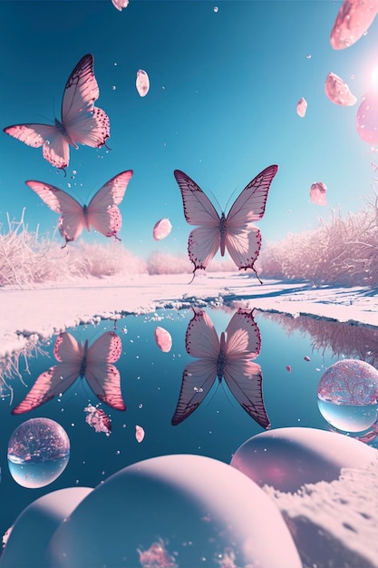 Group of butterflies flying over a body of water generative ai