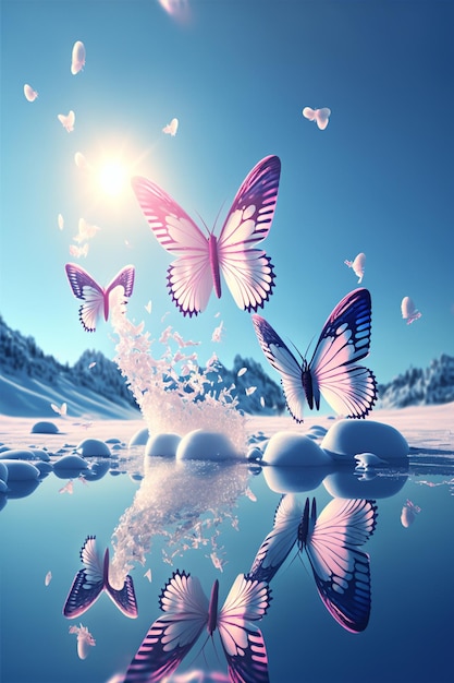 Group of butterflies flying over a body of water generative ai