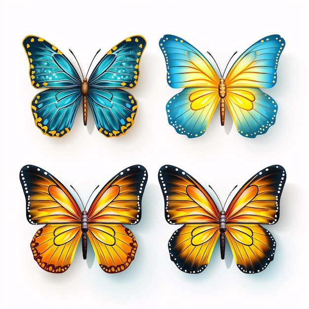 a group of butterflies on a white background