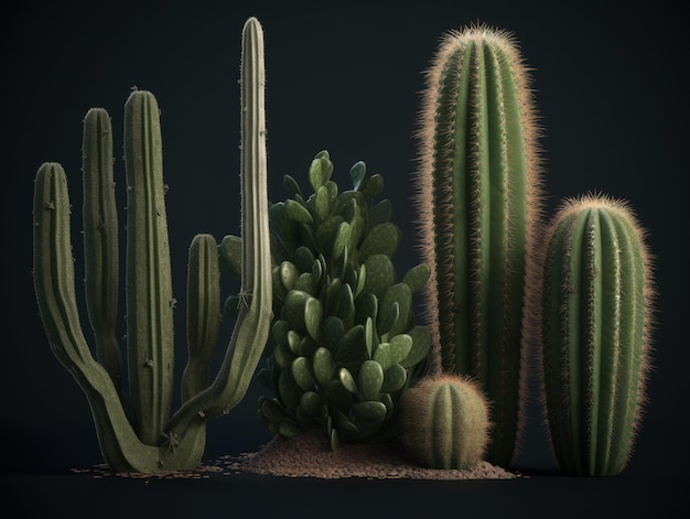 A group of cacti are shown in a scene.