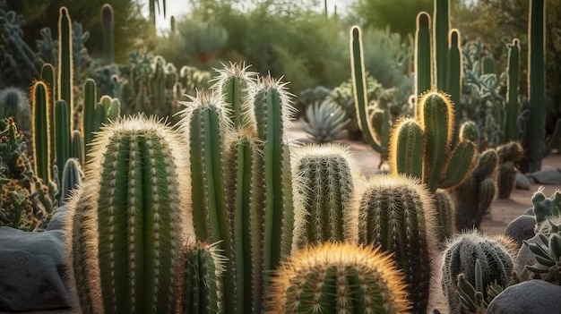 A group of cacti in a desert setting.