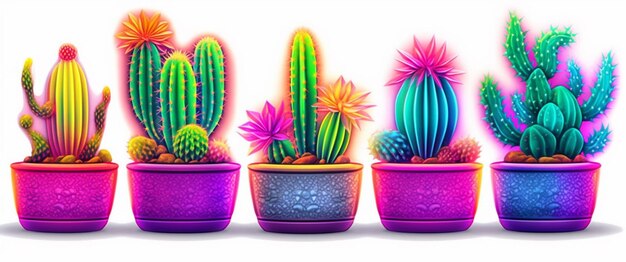 A group of cactus plants in pots with different colors generative ai