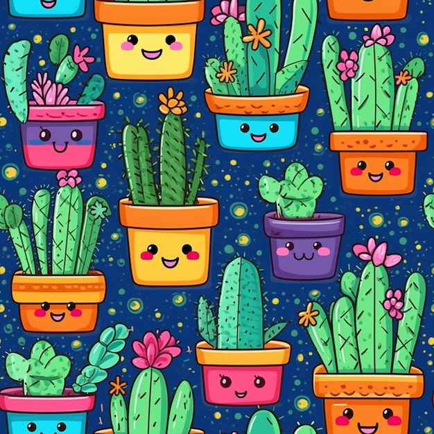 a group of cactus plants with faces and flowers in pots generative ai