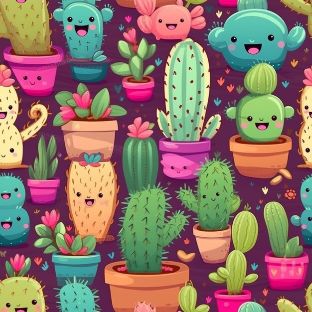 a group of cactus plants with faces and hearts on a purple background generative ai