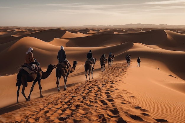 A group of camels are riding through the desert.