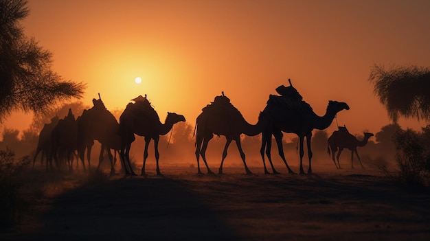 A group of camels are silhouetted against a sunset skygenerative ai