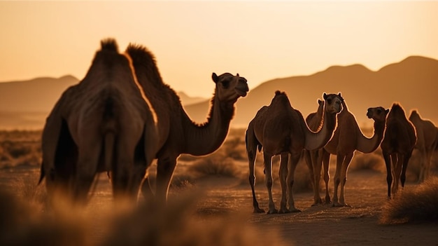 A group of camels are silhouetted against a sunset skygenerative ai