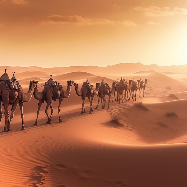 a group of camels are walking through the desert.