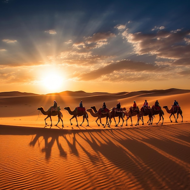 낙타 한 무리가 사막을 걸어가고 있습니다.