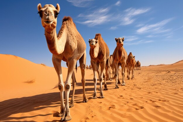 ラクダ の 群れ が 優雅 に 砂漠 を 横断 し て 移動 し て いる
