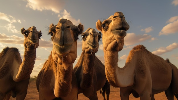 A group of camels stand in the desert, one of which is called the camels.