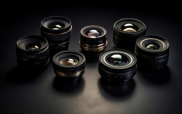 Photo group of camera lens on table