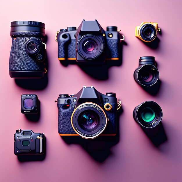 A group of cameras are lined up on a pink background.