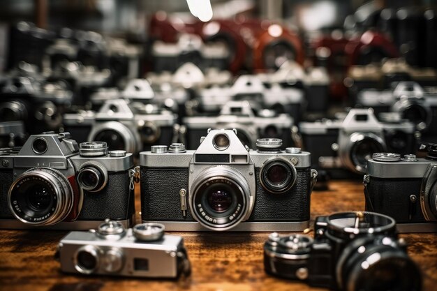 A group of cameras sitting on top of a wooden table