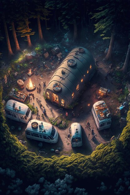 Group of campers parked next to each other in a forest generative ai