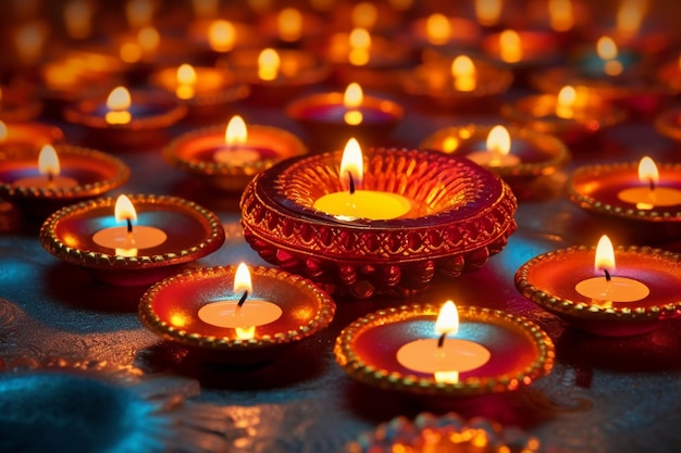 A group of candles are lit in a circle with the word diwali on it.