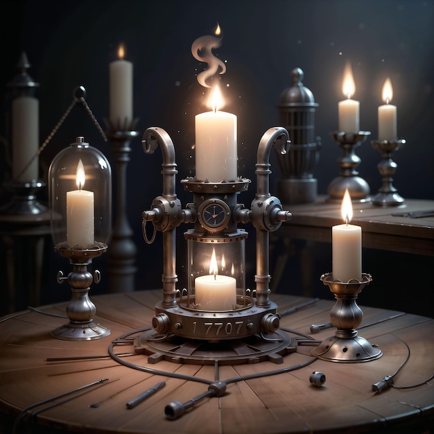 A group of candles are lit in front of a black background.
