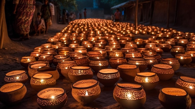 A group of candles are lit up with the word diwali on them.