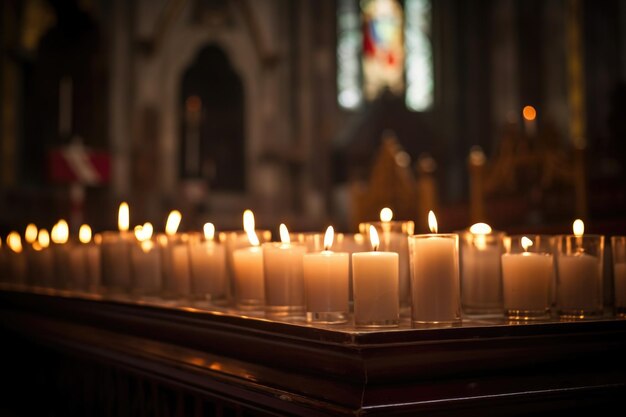 A group of candles on a church altar