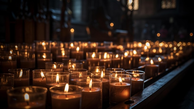 A group of candles in a church with the light on.