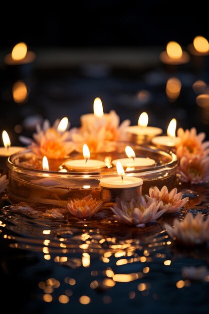 Group of candles floating in bowl of water with flowers Generative AI