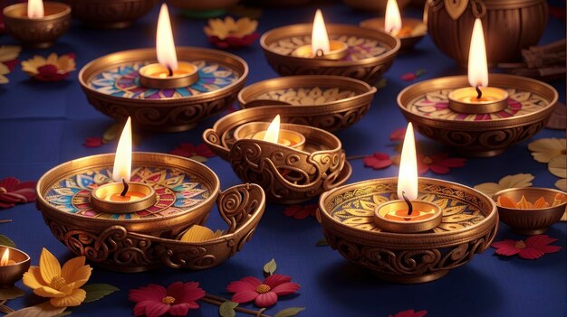 a group of candles sitting on top of a table covered in flowers