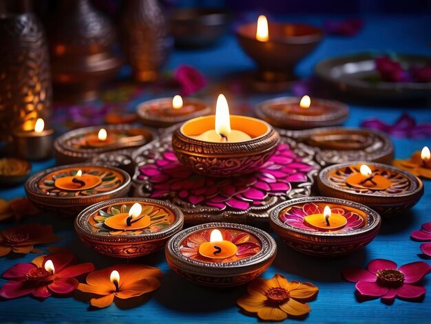 a group of candles sitting on top of a table covered in flowers