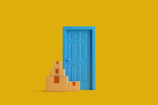 A group of cardboard boxes near blue door on yellow background Concept of delivery 3D render