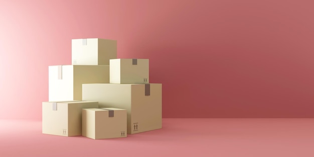 Group of Cardboard Cargo Box on pink studio background