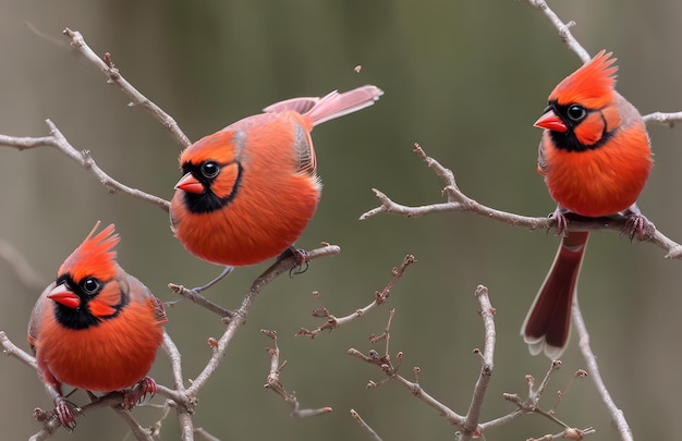 A group of cardinals are perched on a branch.