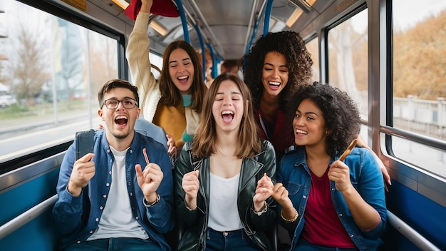 Group of carefree friends having fun while commuting by public transport