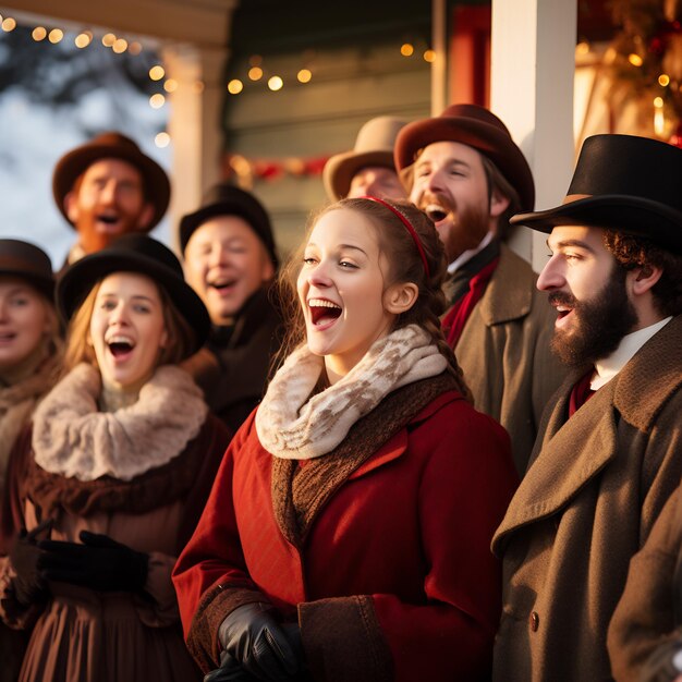 Photo a group of carolers bundled up against the cold singing joyfully in front of a decorated home