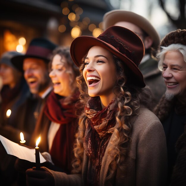 Photo a group of carolers bundled up against the cold singing joyfully in front of a decorated home