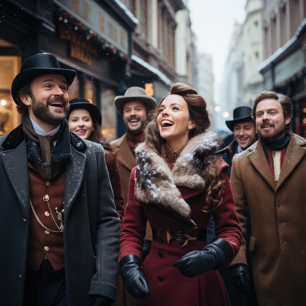 A group of carolers dressed in Victorian attire singing on a snowy street