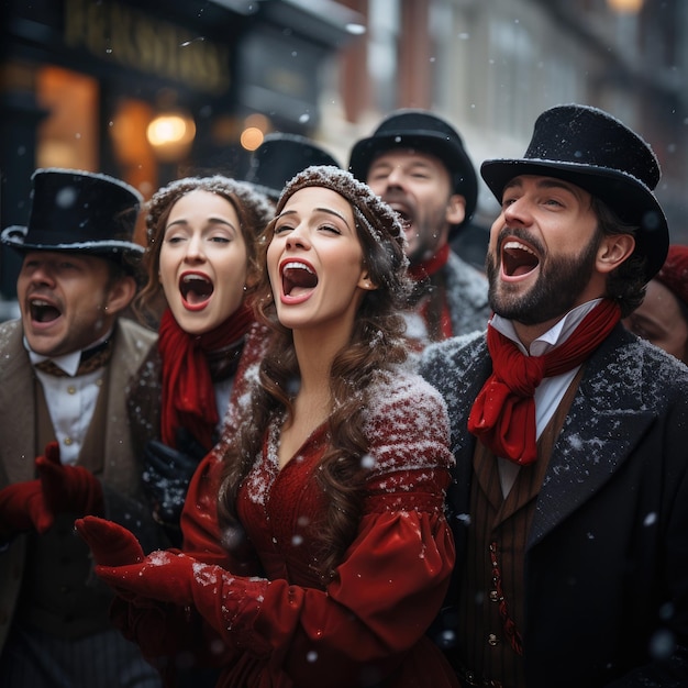 A group of carolers dressed in Victorian attire singing on a snowy street