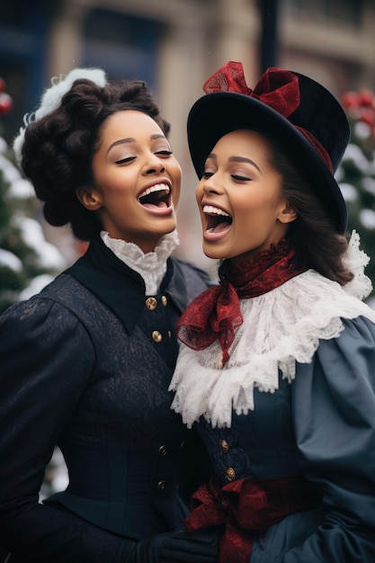 A group of carolers dressed in Victorian attire singing on a snowy street