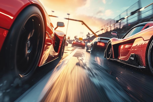 Photo a group of cars driving down a street side by side creating a dynamic and energetic scene a dramatic slow motion scene of sports cars zooming past the finish line ai generated