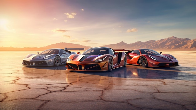 A group of cars in front of a sunset