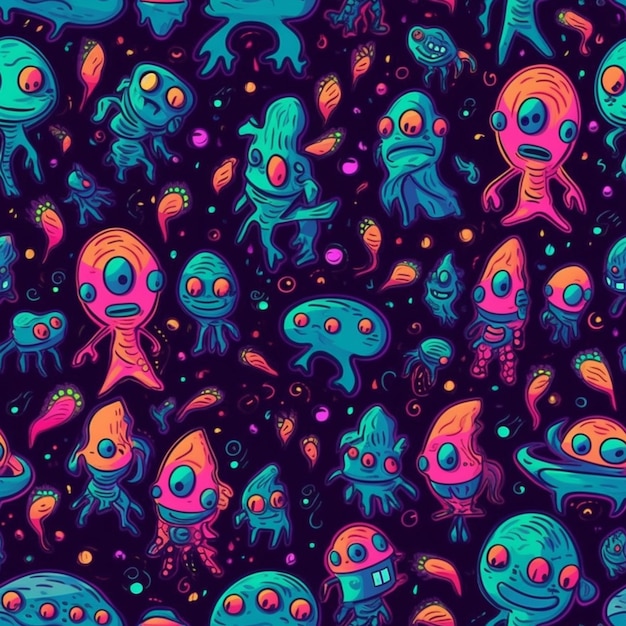 A group of cartoon alien aliens and aliens in a dark background generative ai