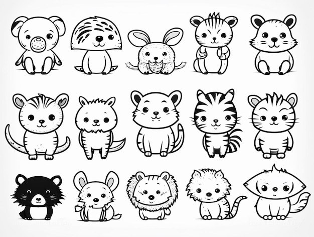 a group of cartoon animals and cats in black and white generative ai