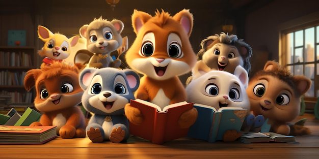 a group of cartoon animals reading a book