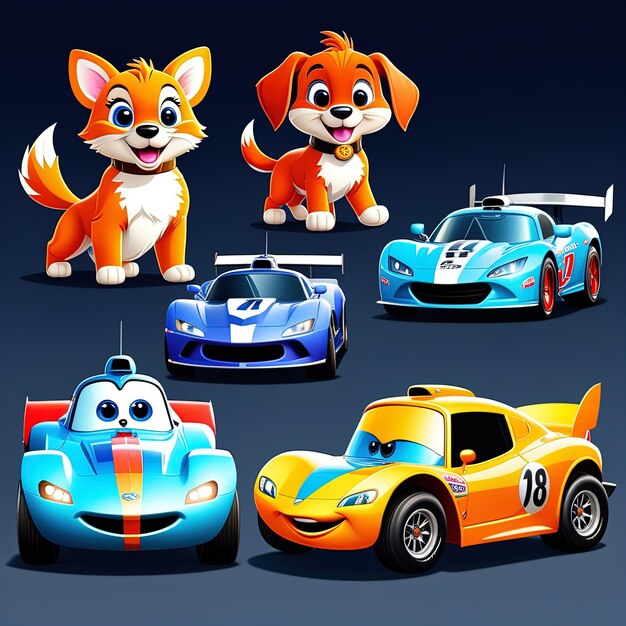 犬と猫を持つ漫画の車のグループ