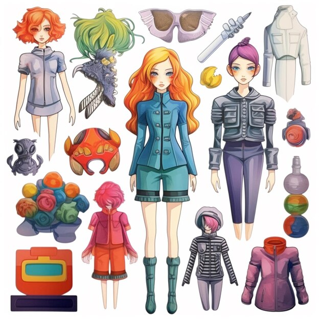 Foto un gruppo di personaggi dei cartoni animati di diversi tipi e colori generativo ai
